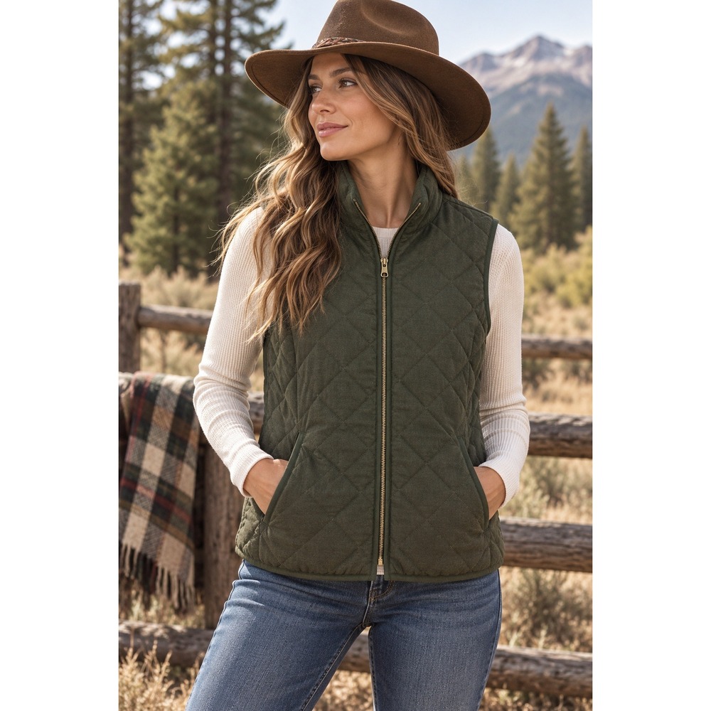 Old Navy Quilted Vest Womens M Olive Green Lightweight Full Zip Pockets